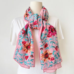 Light Pink Floral Embroidered Scarf, Elegant Lightweight Breathable Scarf, Ethnic Bohemian Gypsy Boho Scarf