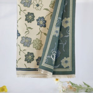 Custom Embroidered Luxury Floral Winter Shawl Green Beige Botanical Flower Scarf Elegant Personalized Gift for Her