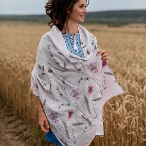 Botanical scarf, Embroidered floral shawl, Linen scarf lightweight, Oversize linen scarves, Sustainable gift, Beach shawl with embroidery