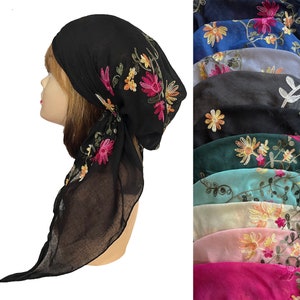 Embroidered gauze head wrap pre-tied sheer embroidered multi-color floral patterns headscarf lightweight headscarves.