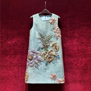 Vintage French Embroidery Dress - A-Line Mid-Thigh | 3D Floral & Jeweled Accents for Summer Garden Parties and Casual Weddings (2 colors)