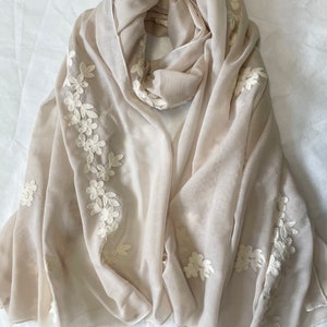 Beige Cotton Scarf: Embroidered Floral Summer Shawl