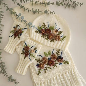 Handmade Embroidered Knit Winter Set: Gloves, Hat & Scarf