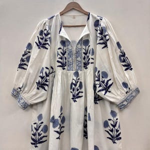 Blue Floral Hand Block Print Cotton Midi Dress: Bohemian Kyra Style