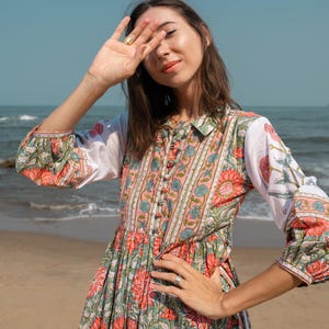 Floral Hand Block Print Cotton Maxi Dress: Boho Belted Summer Dress