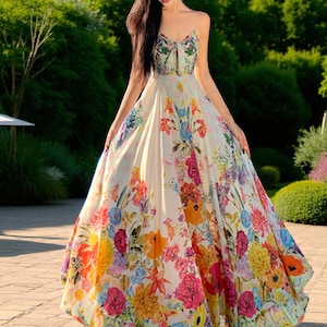 Handprinted Floral Maxi Dress: Boho Autumn/Winter Flowy Wedding Guest Dress