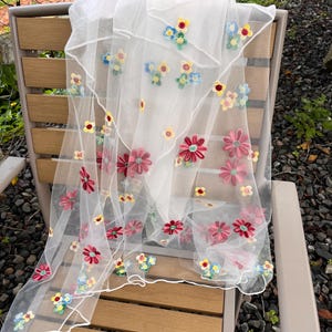 Boho Floral Embroidered Chiffon Scarf: Lightweight Summer Wrap, Wedding gift, Gift for her, Mom, Sister, girl friend, Christmas gift