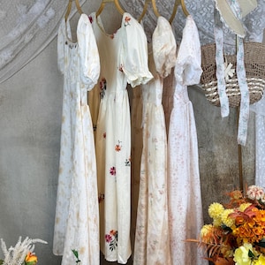 French Floral Dress, Puff Sleeve Midi Dress, Embroidered A-Line, Square/V-Neck, Summer Boho Dress, Gift for Mom, Gifts for Friends