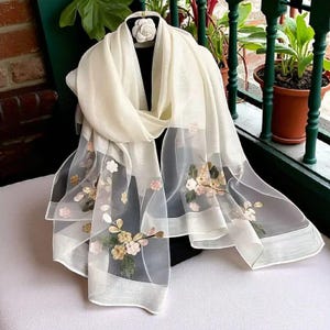 Elegant Sheer Embroidered Floral Scarf for Women – Lightweight Organza Wrap | Fashionable Shawl for Party, Wedding & Casual Wear