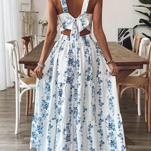 Floral Maxi Dress Women – Blue White Summer Dress with Bow Back, Boho Sundress, Sleeveless Tiered Long Dress, Beach Vacation Outfit