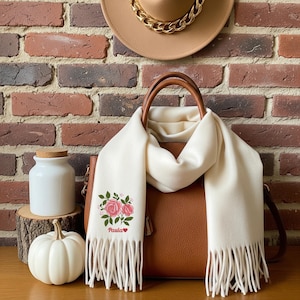 Custom Embroidered Rose Flower Scarf, Personalised Name or Initials Woven Scarf, Oversized Winter Scarf with Tassels, Birthday Gift for Wife