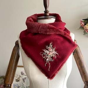 Handmade Floral Vintage Maroon Scarf - Embroidered Roses Scarf - Floral Vintagr Scarf - Vintage Embroidered Scarf