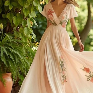 Boho Floral Chiffon Maxi Dress ,V-Neck Summer Gown with Short Sleeves & High Waist,Flowy Fairycore Dress for Beach,Vacation,Prom or Weddings