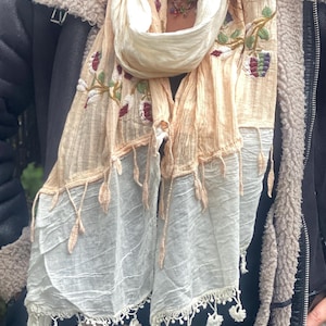 Scarf Wrap Tassel Lettuce Embroidered Boho Hippie Peach Coral Cream & Ivory Lace