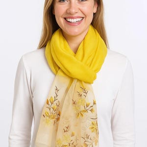 Golden Bloom Silk Scarf – Sheer Floral Embroidered Wrap, Elegant Gift for Her