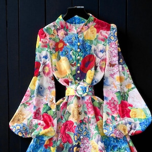 Bold Floral Maxi Dress Women’s Long Sleeve Belted Gown | Colorful Garden Party Dress | Spring Wedding Guest | Easter Outfit Idea